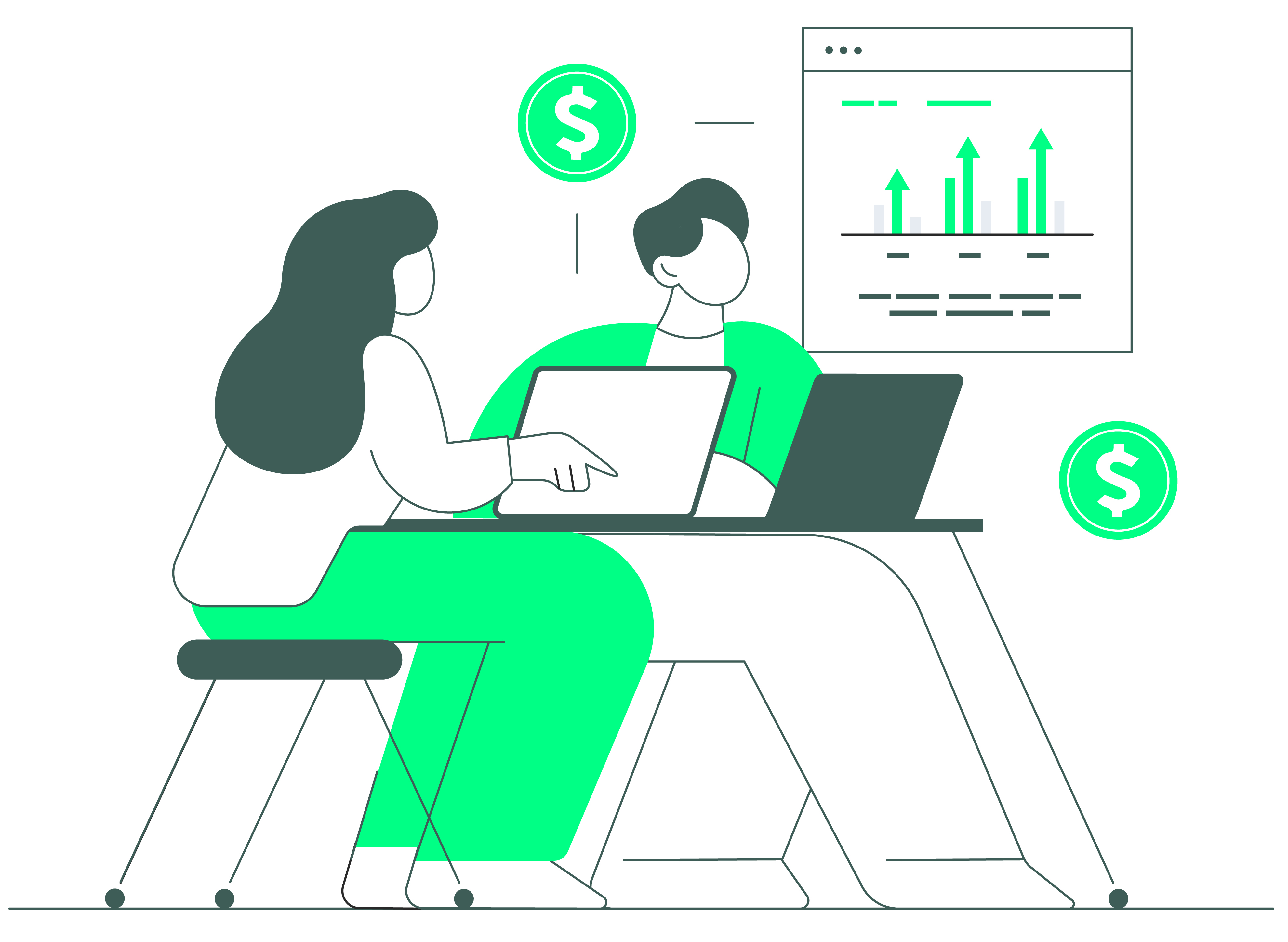 illustration of two people at a desk with laptops open and a financial chart in the background.