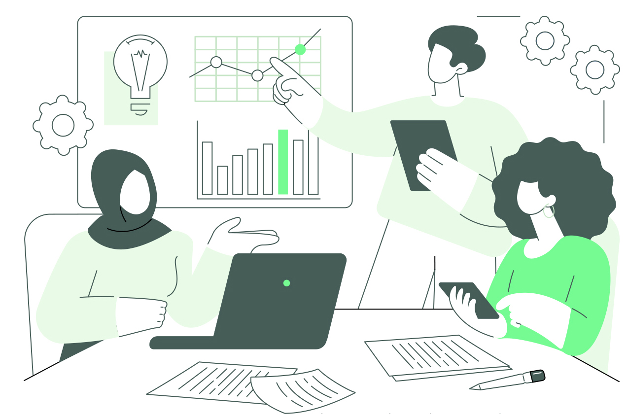 illustration of three people working at a desk with charts and graphs on the wall behind them.